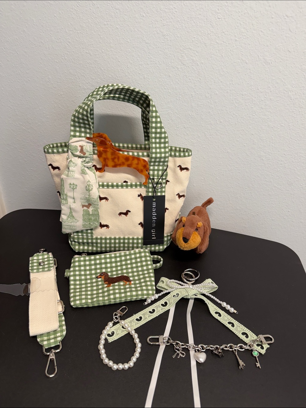 Madden Girl | Green Gingham Dachshund Canvas Tote | Wristlet, Bag Charms & More - Picture 15 of 15
